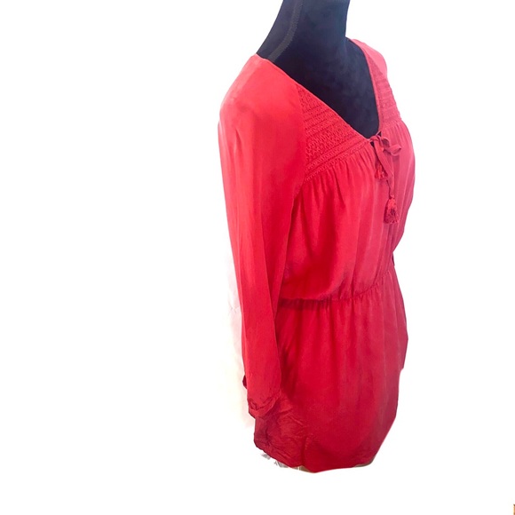 Madewell Red Silk Size 8 Elastic Waist Smocked Shoulder Long Sleeve Mini Dress - Picture 2 of 10
